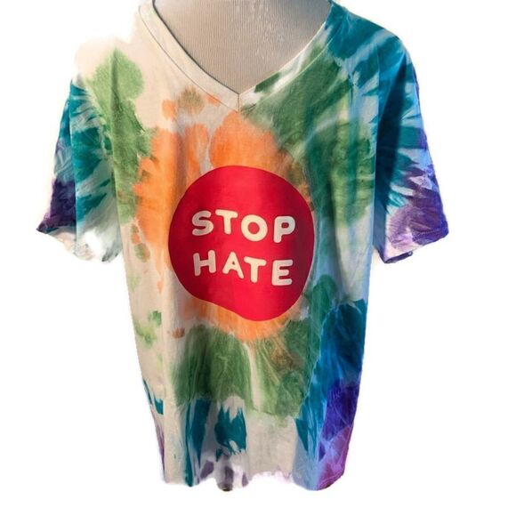 NWOT Stop Hate Tie Dye V-Neck T-Shirt Sz L - Picture 2 of 5